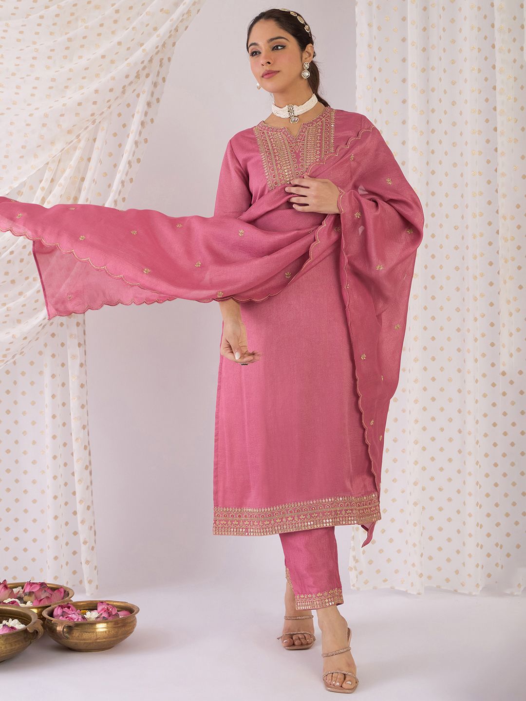 Dhiyona IE Floral Yoke Design Notch Neck Zari Straight Kurta With Trouser And Dupatta