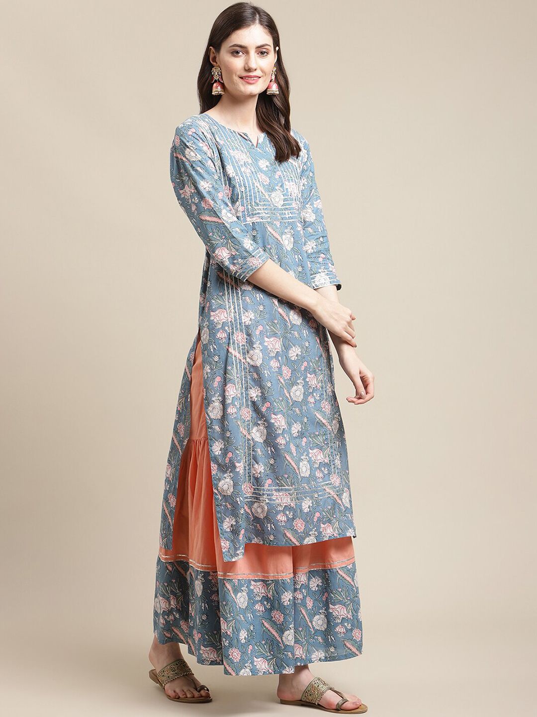 Dhiyona VA Women's Blue Floral Printed Gotta Patti Kurta with Sharara & With Dupatta