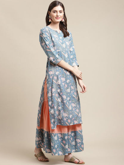 Dhiyona VA Women's Blue Floral Printed Gotta Patti Kurta with Sharara & With Dupatta