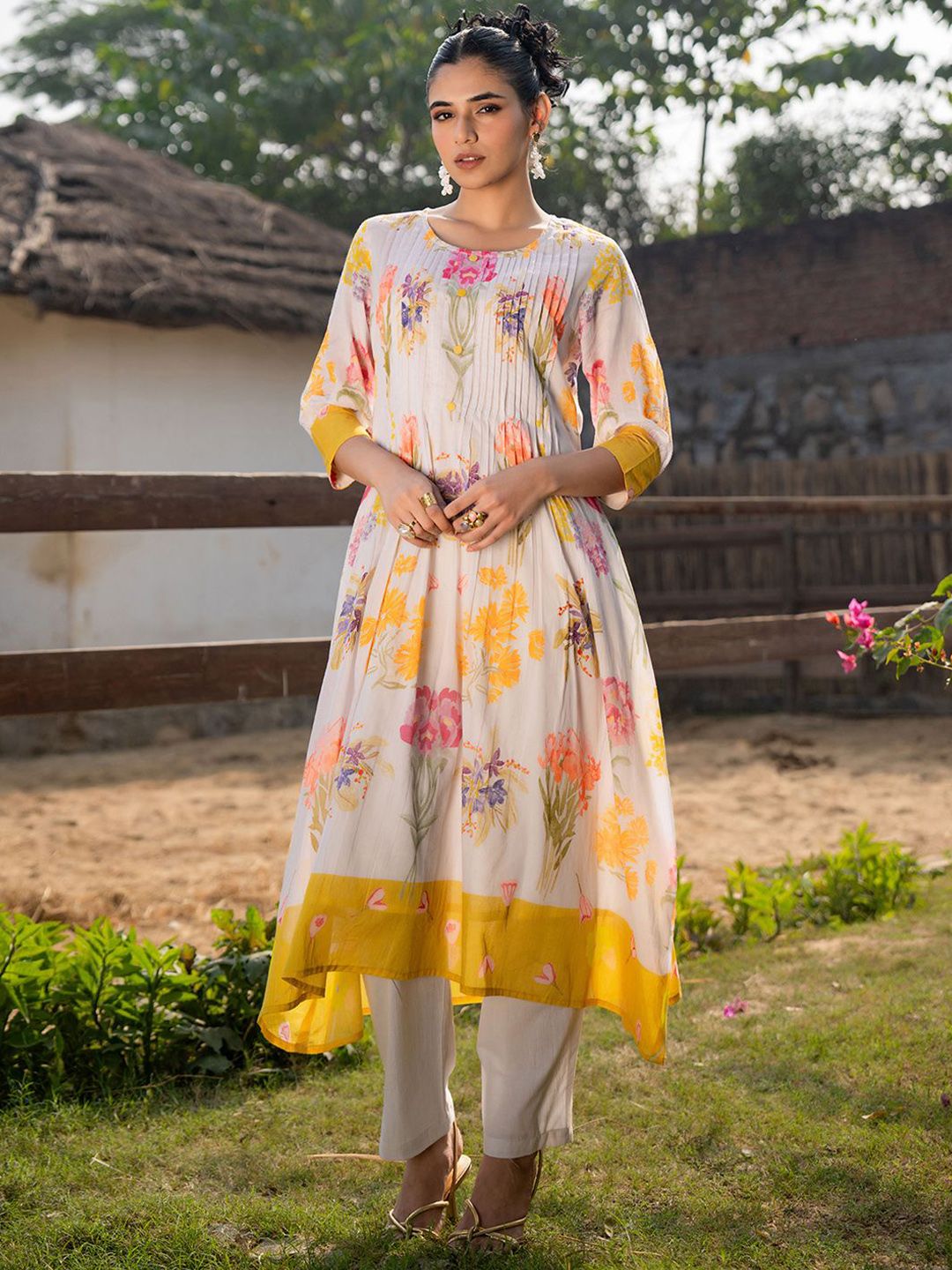Floral Printed Round Neck Pleated Pure Cotton A-Line Kurta With Trouser