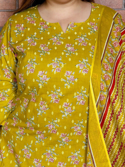 Dhiyona KL Women Floral Printed Regular Sequinned Pure Cotton Kurta with Trousers & With Dupatta