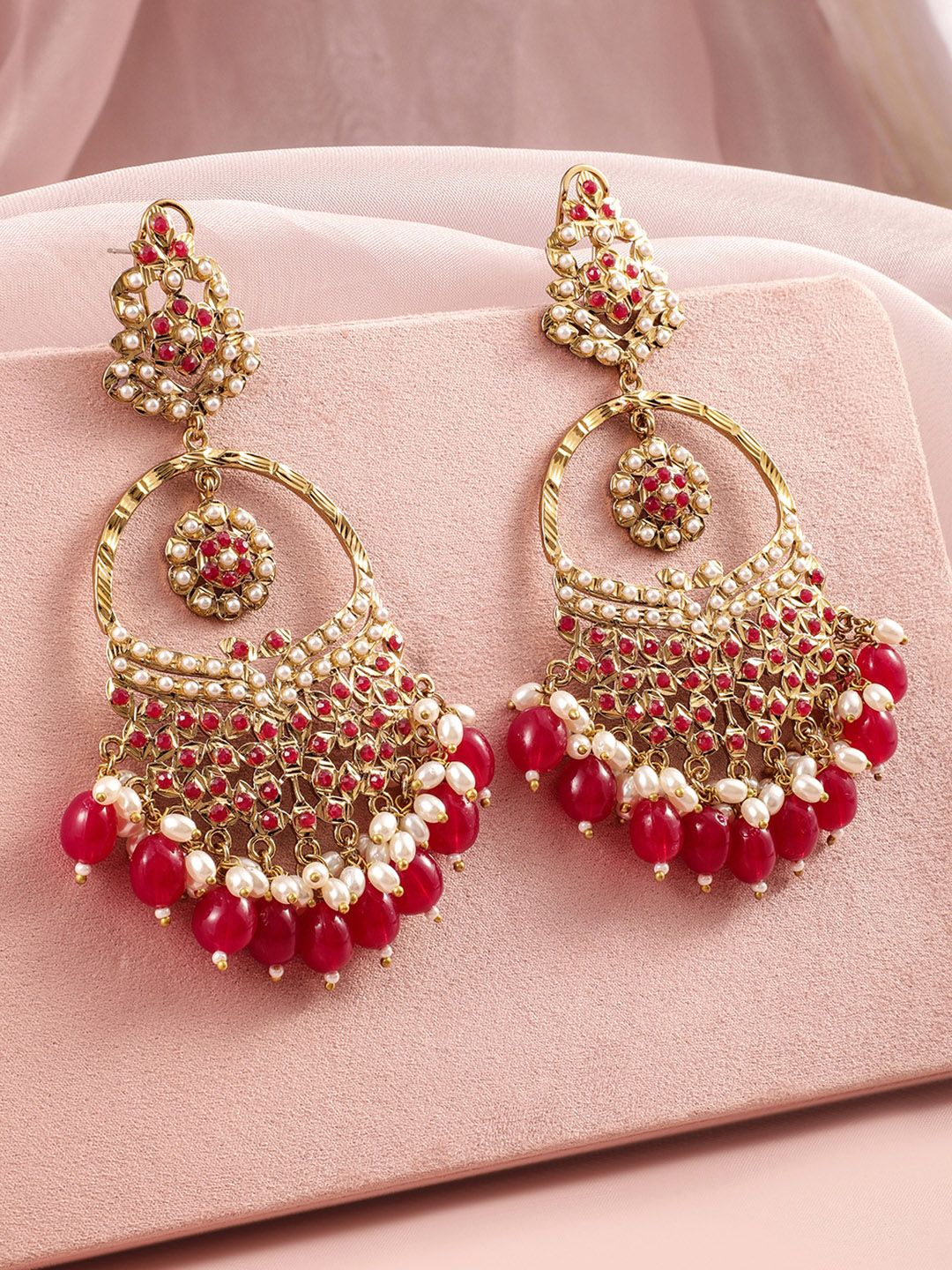 Dhiyona RJ Women's 18K Mehandi Gold-Plated Red Beaded & Pearl Accented Traditional Chandbali Earrings