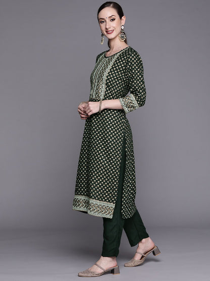 Dhiyona IE Women Green Ethnic Motifs Printed Gotta Patti Kurta with Trousers & With Dupatta