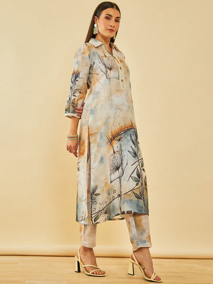 Dhiyona SO Women's Floral Printed Regular Mirror Work Kurta with Trousers