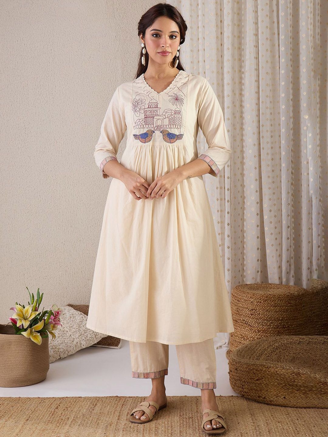 Dhiyona IE Embroidered V-Neck A-Line Top With Trousers Co-Ords