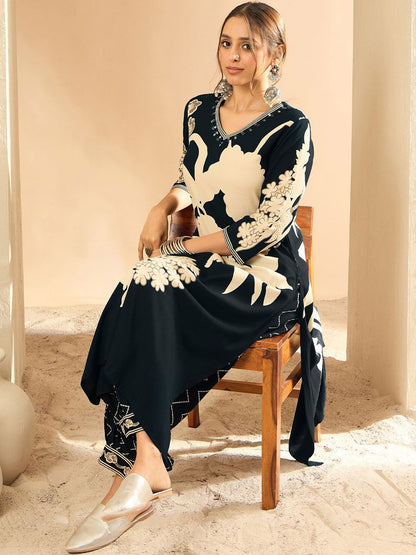 Floral Printed V-Neck Beads and Stones Screen Technique Kurta With Salwar