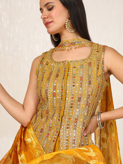 Dhiyona SO Women's Alina Cut Ethnic Motifs Embroidered Sequinned Kurti with Palazzos & With Dupatta