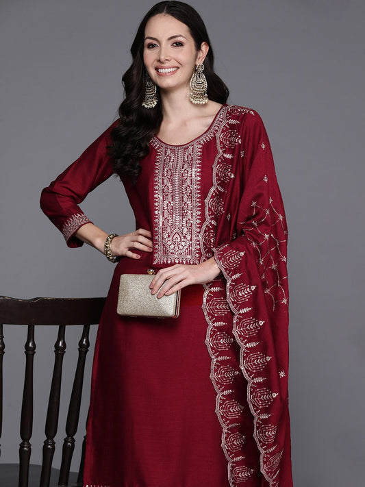Dhiyona IE Women Yoke Design Regular Thread Work Kurta with Trousers & With Dupatta