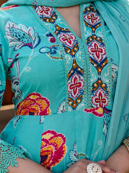 Women Floral Printed Beads and Stones Pure Cotton Kurta with Trousers & Dupatta