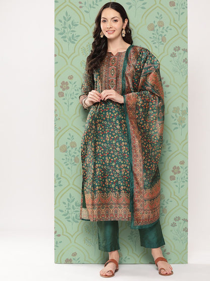 Dhiyona VA Women's Ethnic Motifs Printed Regular Chanderi Cotton Kurta with Trousers & Dupatta