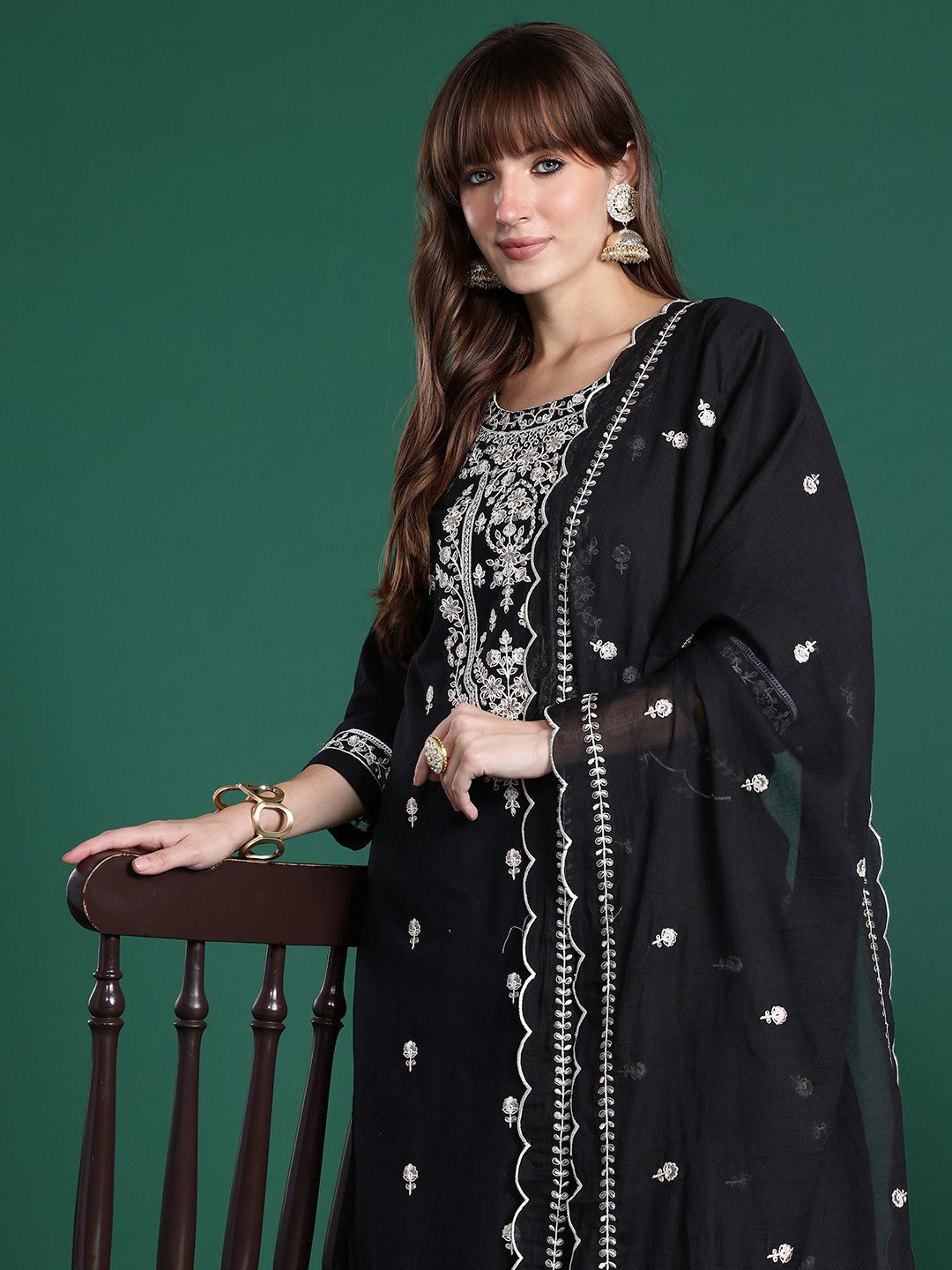 Dhiyona IE Floral Embroidered Pure Cotton Kurta with Trousers & Dupatta