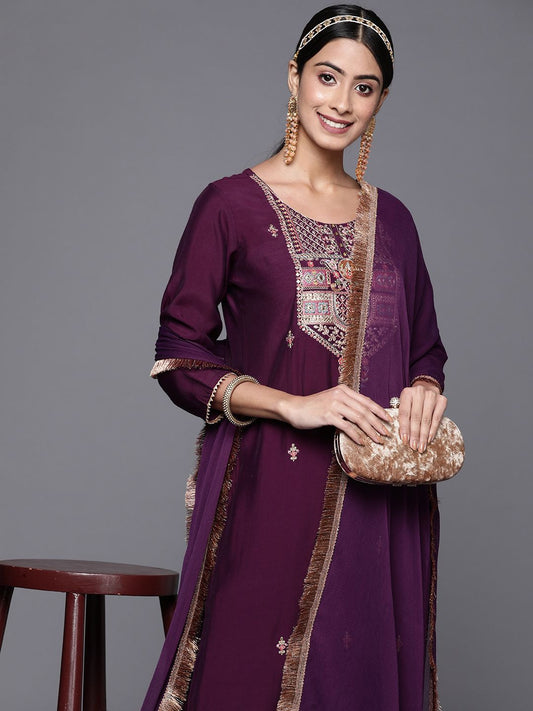 Dhiyona VA Women's Aubergine & Gold Ethnic Embroidered Straight Kurta with Trousers Dupatta
