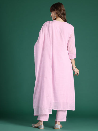 Floral Embroidered Panelled Thread Work Pure Cotton Kurta with Trousers & Dupatta