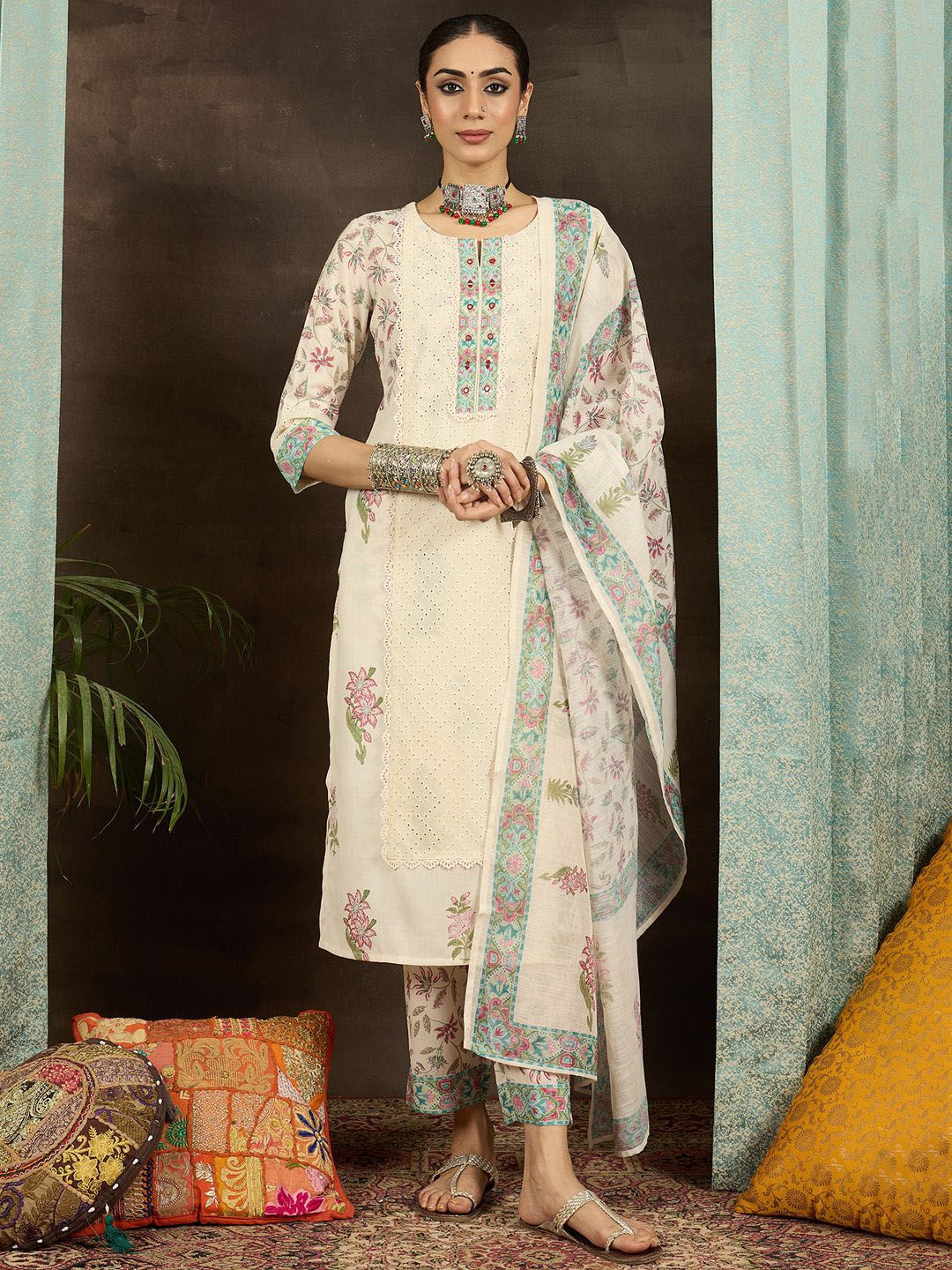 Dhiyona IE Floral Printed Notch Neck Mirror Work Straight Kurta With Trousers & Dupatta