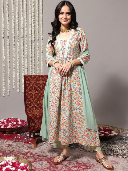 Dhiyona VA Women'sFloral Printed Empire Mirror Work Kurta With Trousers & Dupatta