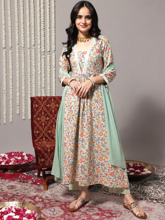 Dhiyona VA Women'sFloral Printed Empire Mirror Work Kurta With Trousers & Dupatta