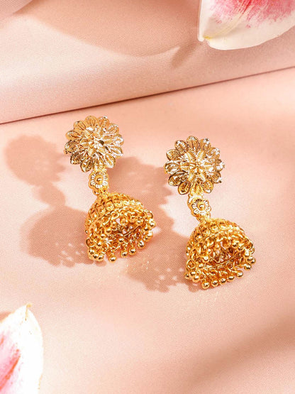 Dhiyona RJ Women's 22K Gold Plated Floral Design Golden Beaded Detailed Necklace & Earrings Set