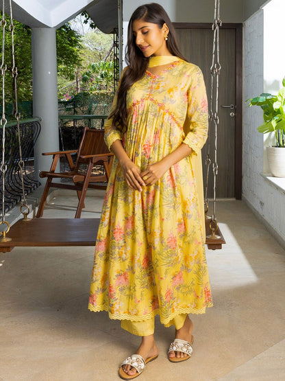 Dhiyona SN Women's Alia Cut Floral Printed Mirror Work Pure Cotton A Line Kurta With Trousers & Dupatta