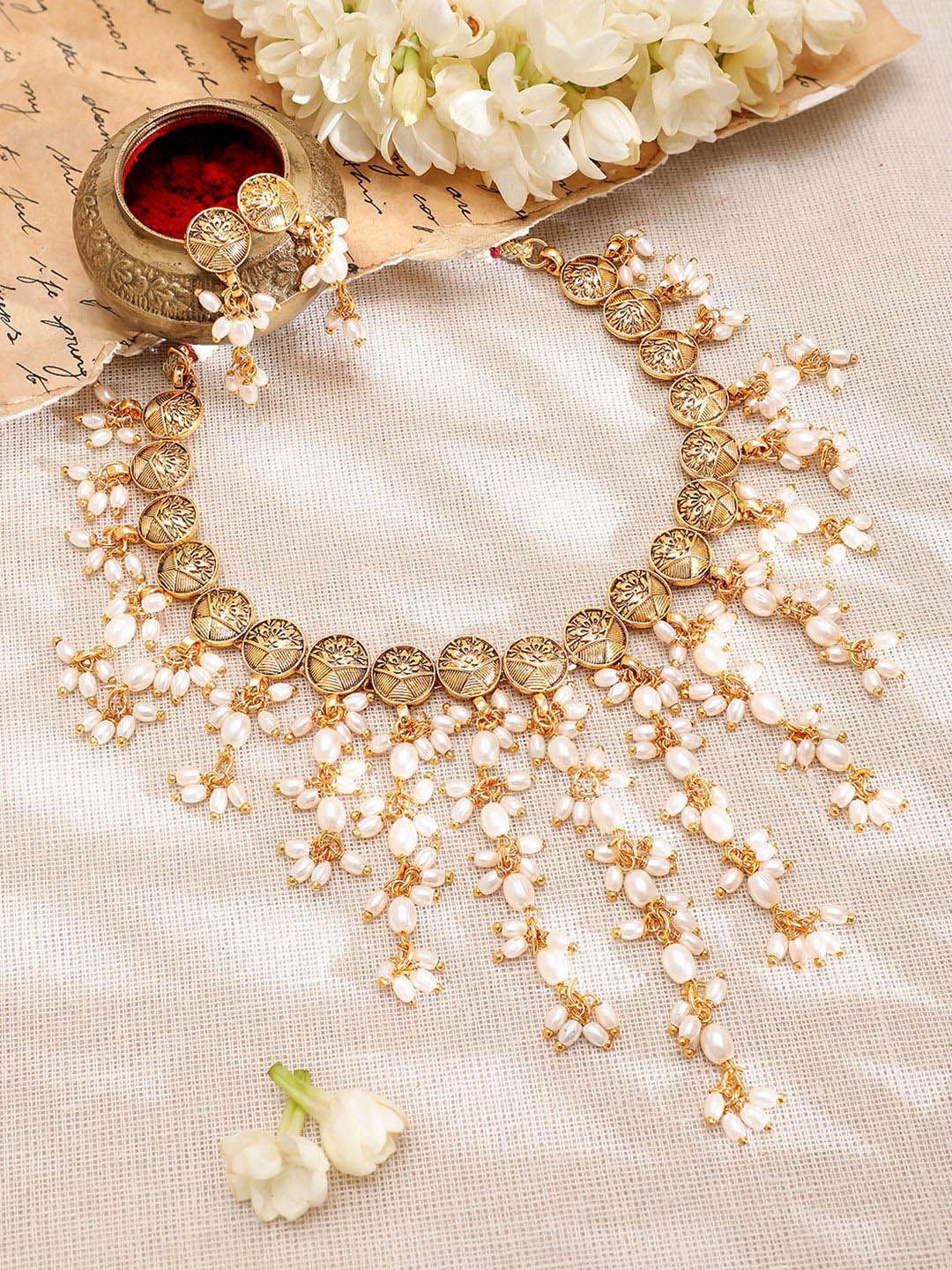 Dhiyona RJ Women's 22K Gold-Plated Coin Motif Necklace with White Beaded Pearl Dangling