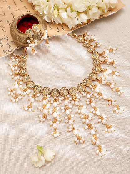 Dhiyona RJ Women's 22K Gold-Plated Coin Motif Necklace with White Beaded Pearl Dangling
