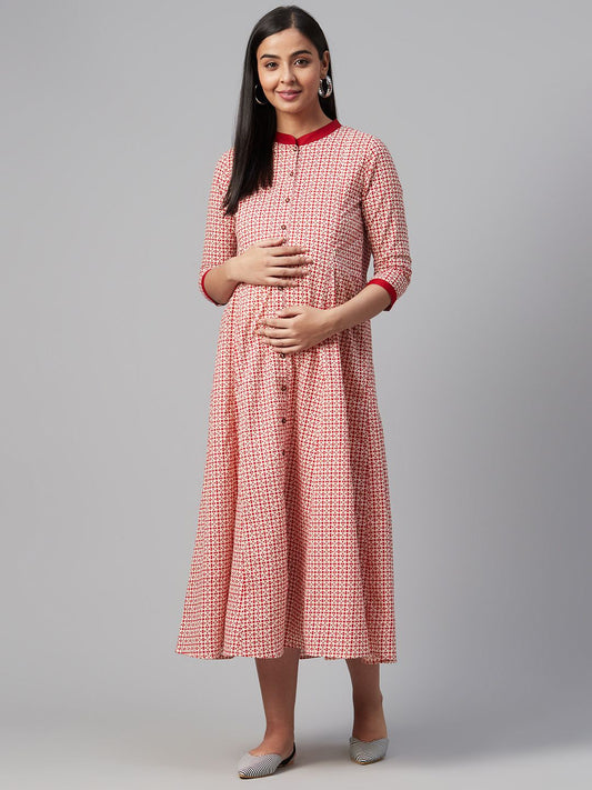 Dhiyona AY Women's White & Red Printed Maternity A-Line Dress