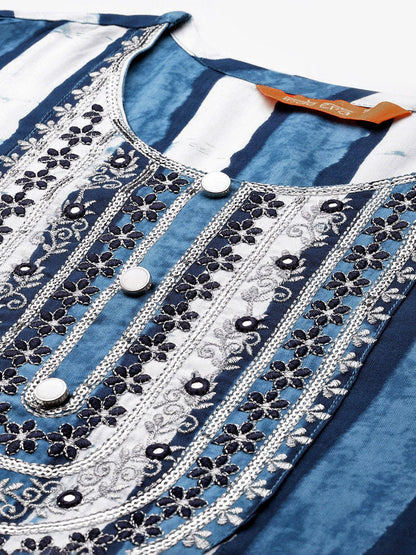 Striped Sequinned Kurta With Trousers & Dupatta