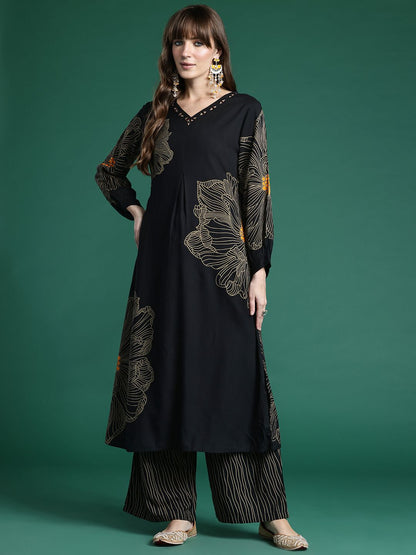 Floral Printed Regular Beads and Stones Kurta with Trousers