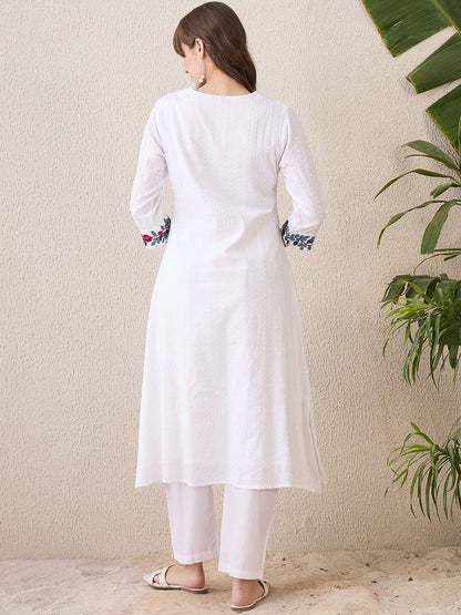 Dhiyona IE Floral Yoke Design V-Neck Thread Work Pure Cotton A-Line Kurta With Trouser