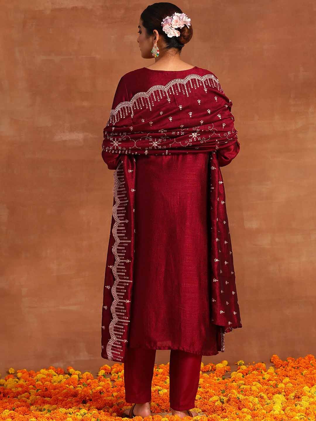 Dhiyona IE Floral Yoke Design Sequinned Straight Kurta With Trouser & Dupatta