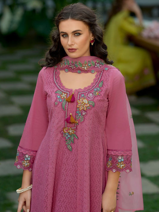 Dhiyona IE Floral Embroidered Pure Cotton Anarkali Kurta With Trousers And Dupatta
