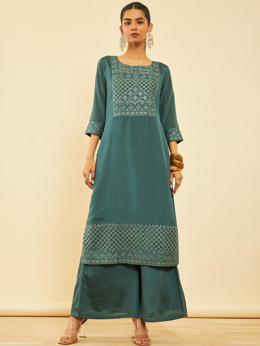 Dhiyona SO Women's Ethnic Motifs Yoke Design Regular Sequinned Kurta with Palazzos & Dupatta