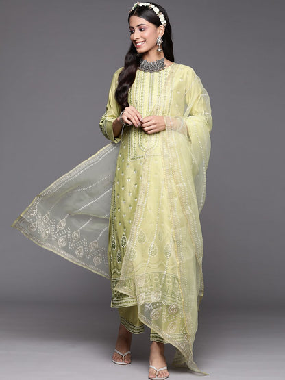Dhiyona IE Women Green Floral Printed Liva Kurta with Palazzos & With Dupatta