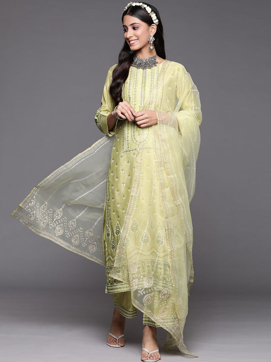 Dhiyona IE Women Green Floral Printed Liva Kurta with Palazzos & With Dupatta