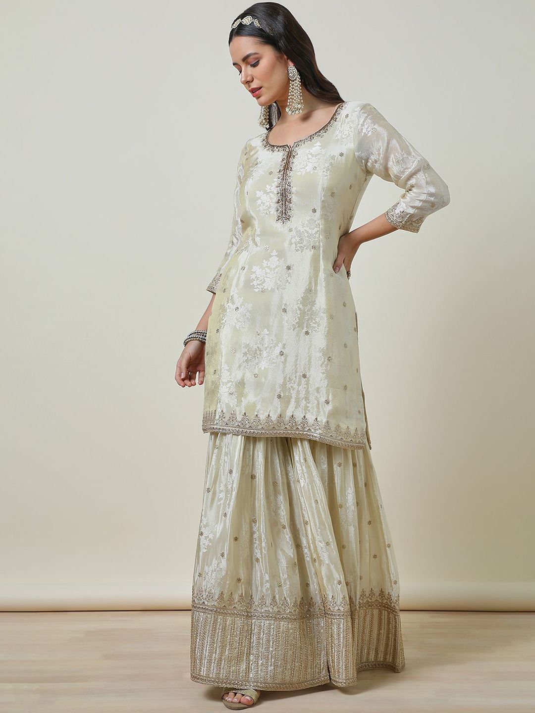 Dhiyona SO Women's Cream Floral Embroidered Notch Neck Zari Straight Kurta With Sharara & Dupatta