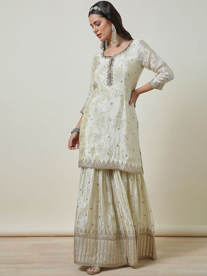 Dhiyona SO Women's Cream Floral Embroidered Notch Neck Zari Straight Kurta With Sharara & Dupatta