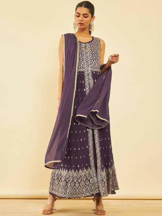 Dhiyona SO Women's Ethnic Motifs Embroidered Sequinned Georgette Kurta with Palazzos & Dupatta