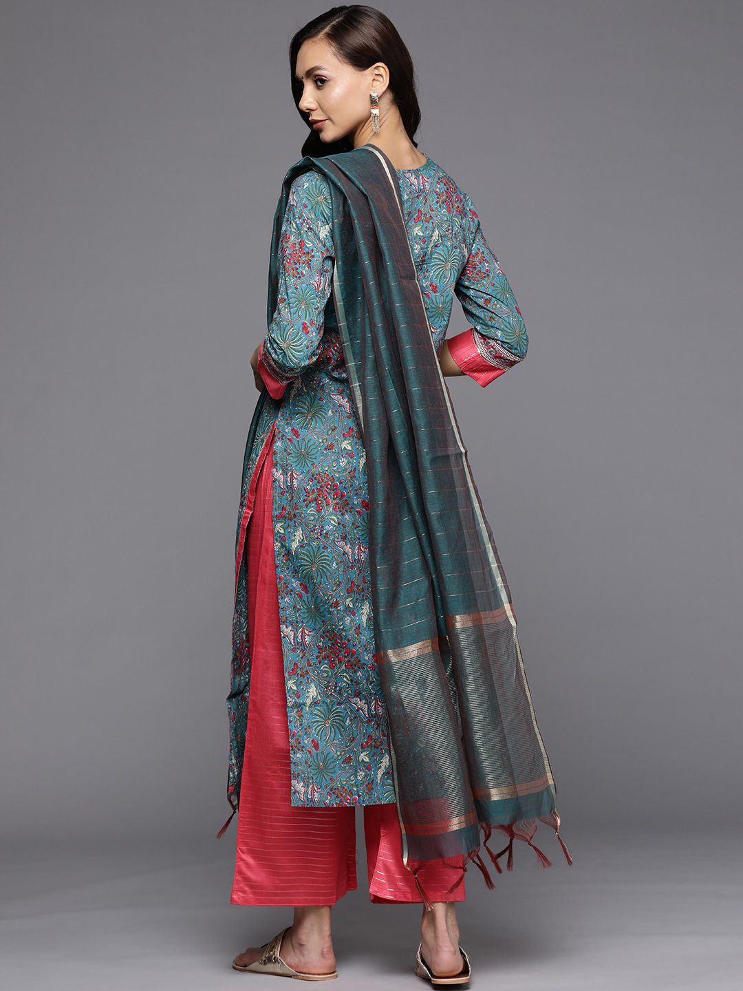 Women Blue Ethnic Motifs Printed Kurta with Palazzos & With Dupatta