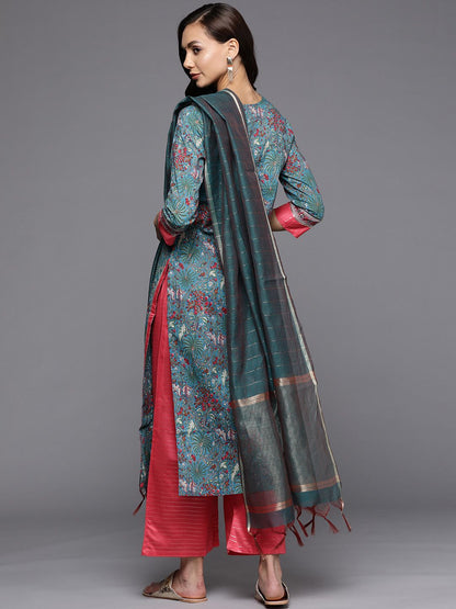 Women Blue Ethnic Motifs Printed Kurta with Palazzos & With Dupatta