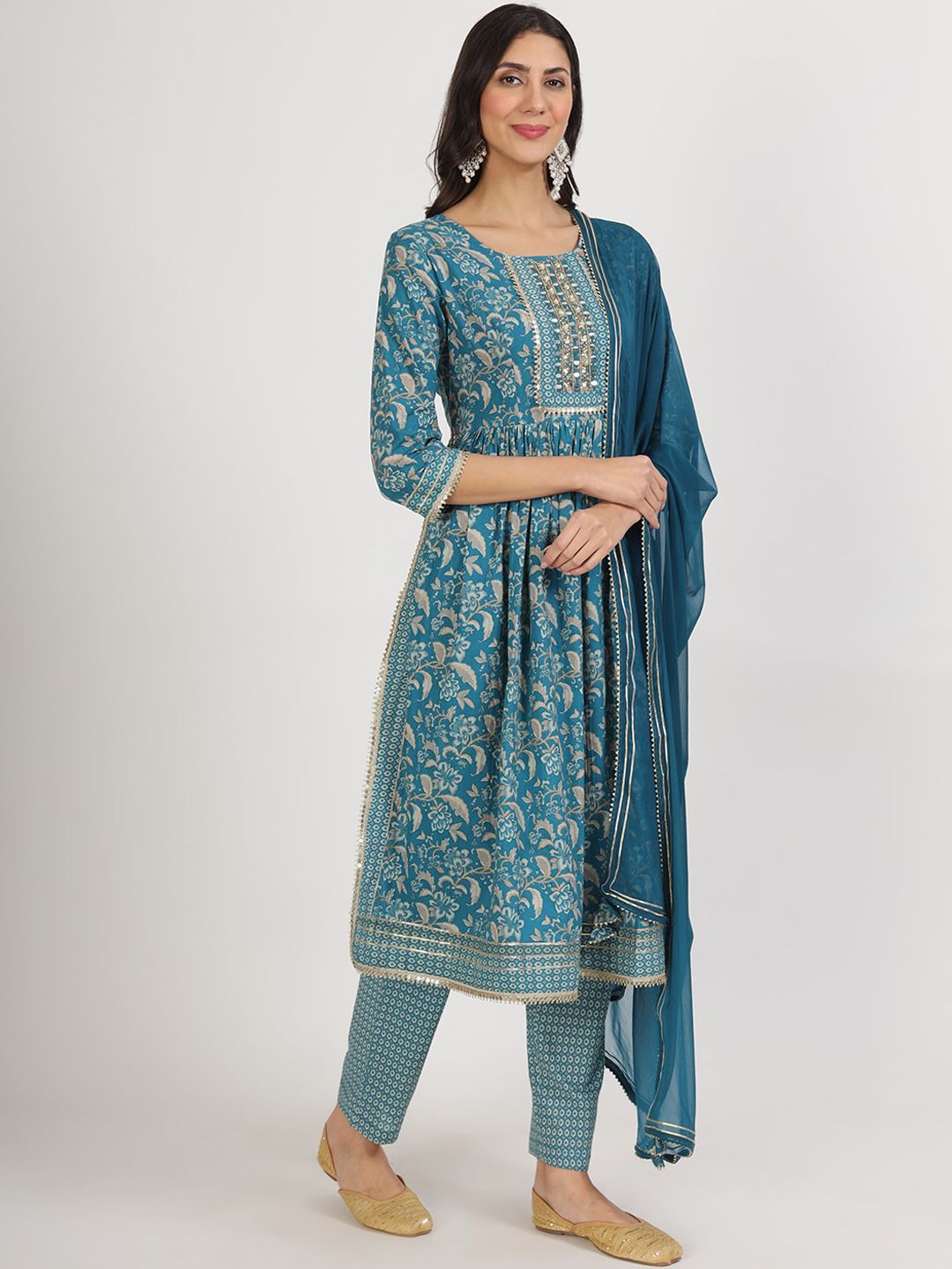 Dhiyona KL Floral Printed Beads and Stones Pure Cotton Kurta & Trousers With Dupatta