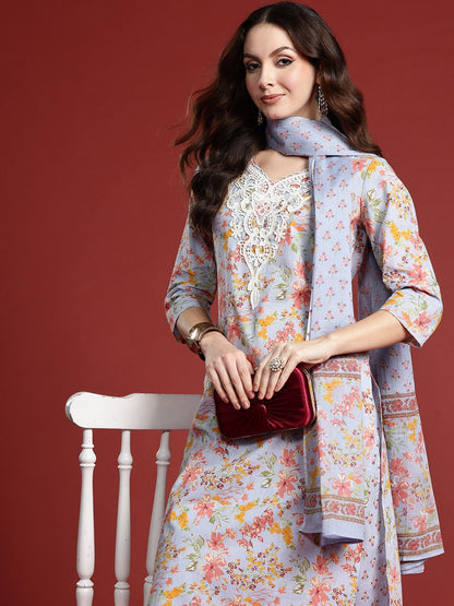 Floral Printed Pure Cotton Kurta with Salwar & With Dupatta