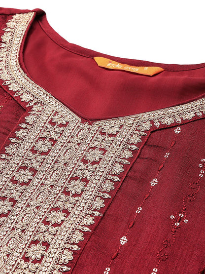 Embroidered Straight Kurta Trousers With Dupatta Set