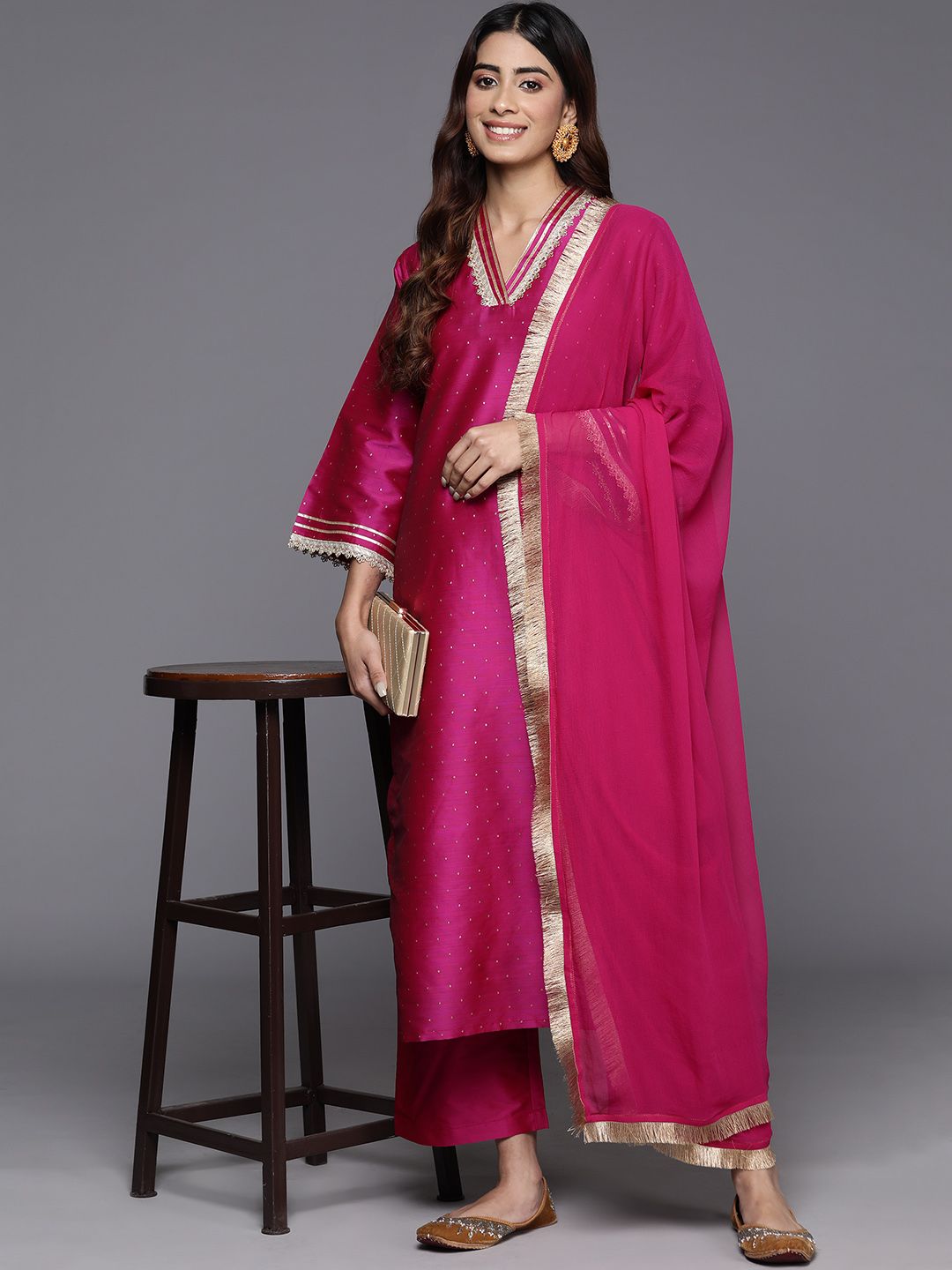 Dhiyona VA Women'sFlared Sleeves Gotta Patti Kurta with Palazzos & Dupatta