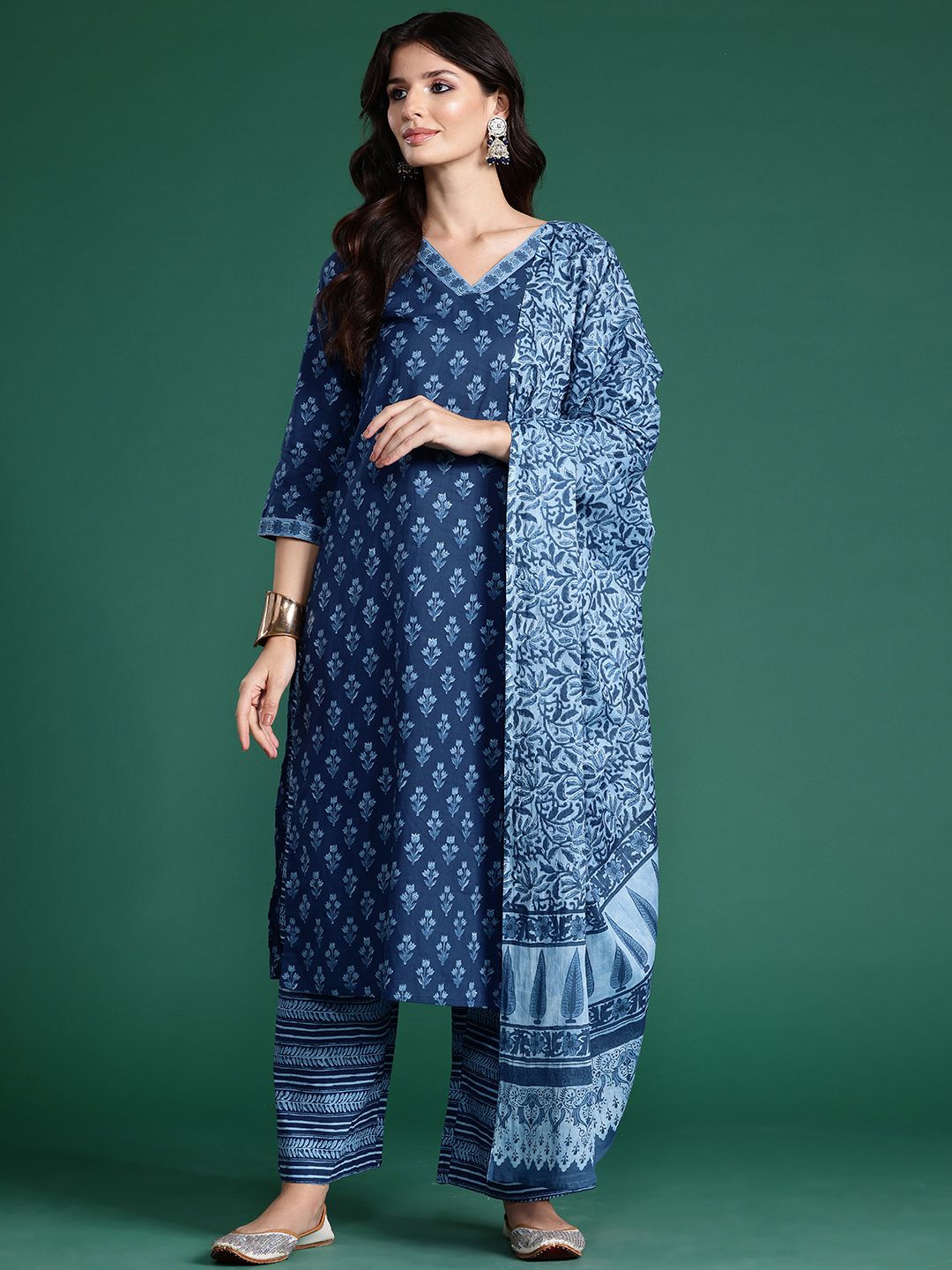 Floral Printed Pure Cotton Kurta With Palazzos & Dupatta