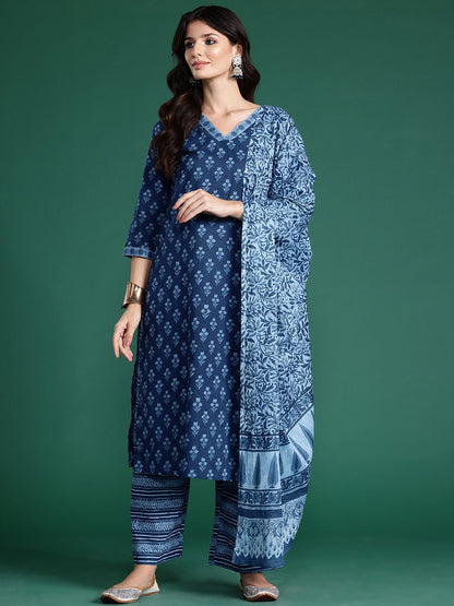 Floral Printed Pure Cotton Kurta With Palazzos & Dupatta