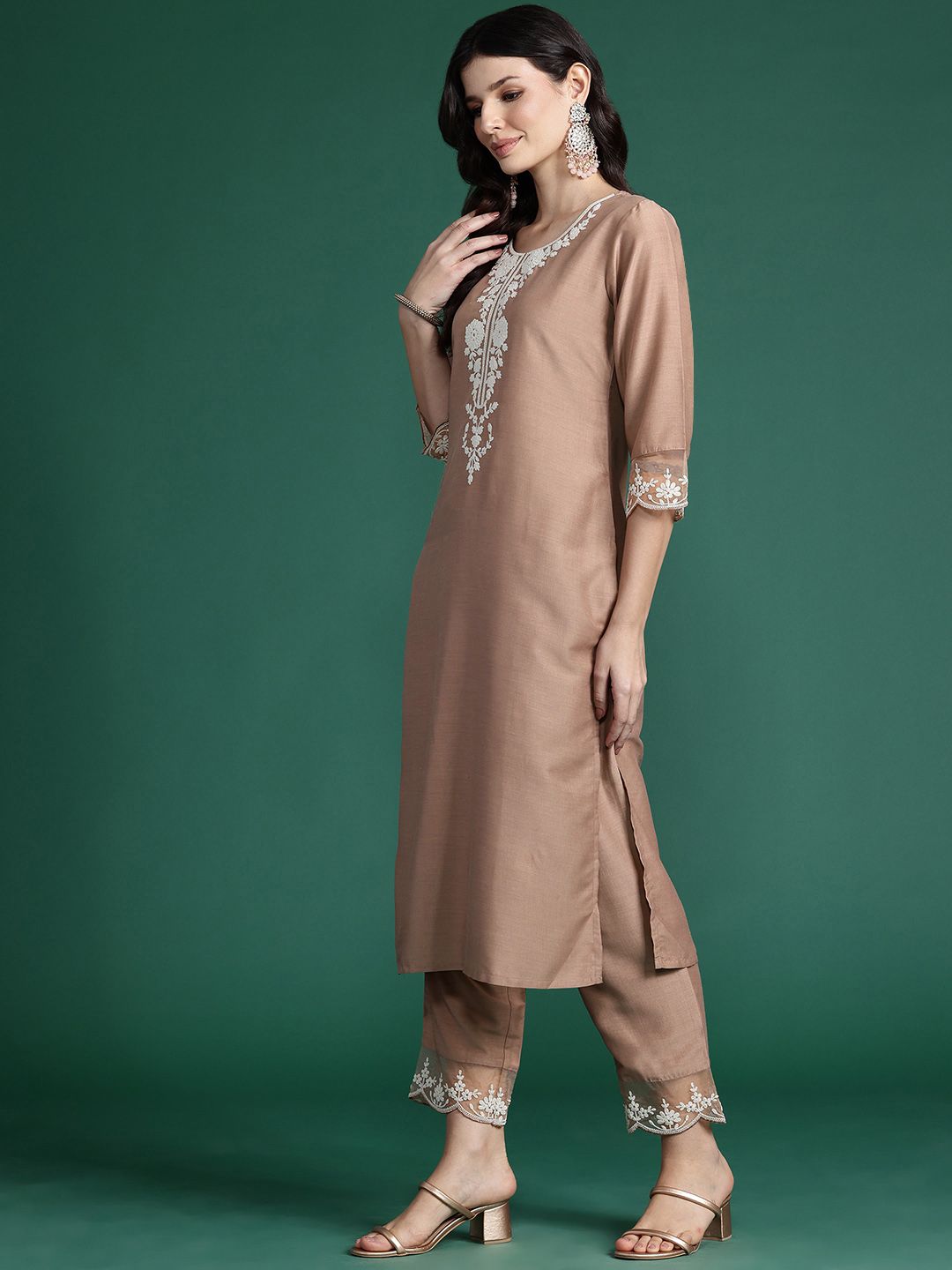 Floral Embroidered Thread Work Kurta With Trousers & Dupatta