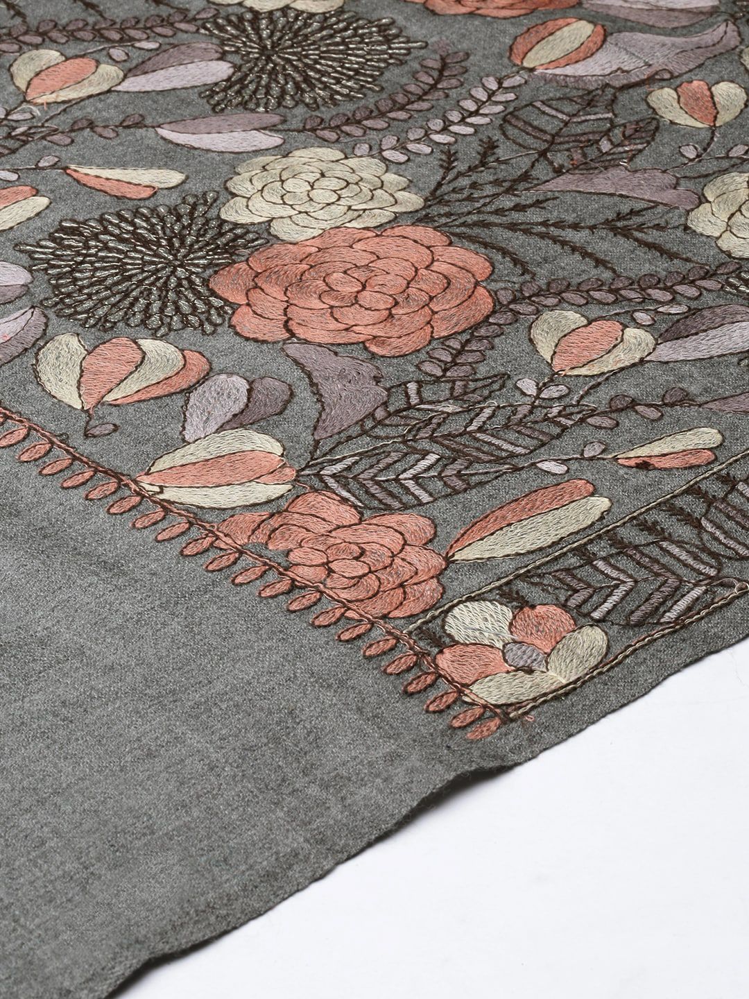 Dhiyona PA Women Grey & Peach-Coloured Embroidered Woolen Shawl