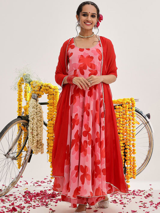 Dhiyona VA Women's Floral Printed Gotta Patti Silk Georgette Kurta with Palazzos & With Dupatta