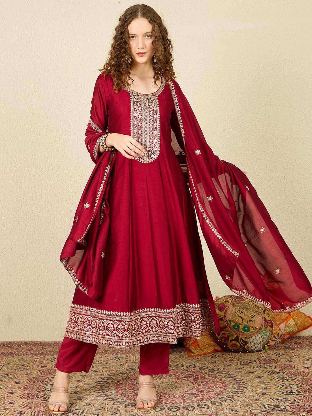 Ethnic Motifs Embroidered Sequinned Anarkali Kurta with Trousers & Dupatta
