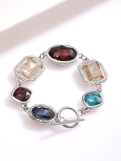 Dhiyona RJ Women's Rhodium-Plated Statement Link Bracelet with Multicolor Cubic Zirconia Gemstones