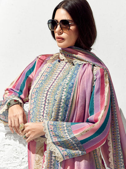 Dhiyona IE Women Ethnic Motifs Printed Regular Thread Work Kurta Trousers With Dupatta